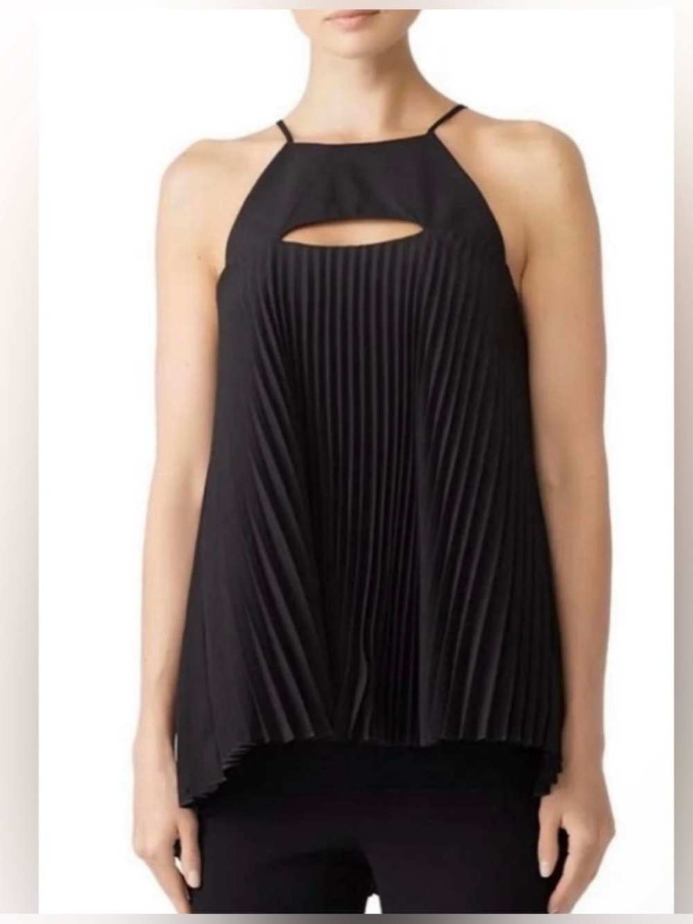 Hunter Bell Blouse Top L Black Pleated Swing Halter Beach Vacation Resort
